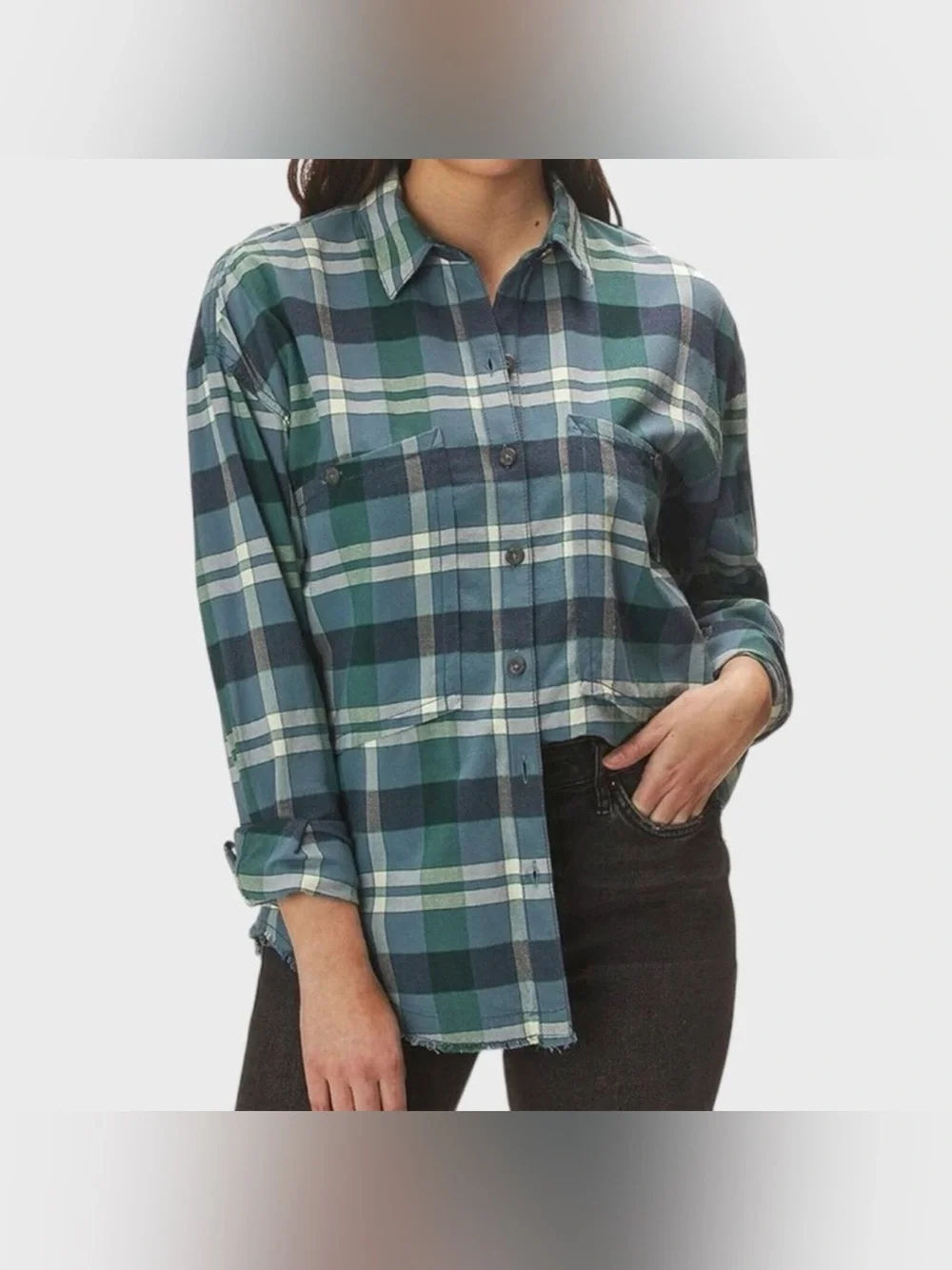 Free People | Loveland Plaid Button Down Shirt | Winter Sea Combo | Medium